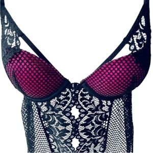 ✨La Senza Push-Up Bra Babydoll Lingerie Hot Pink Black Fishnet & Lace XS NWT